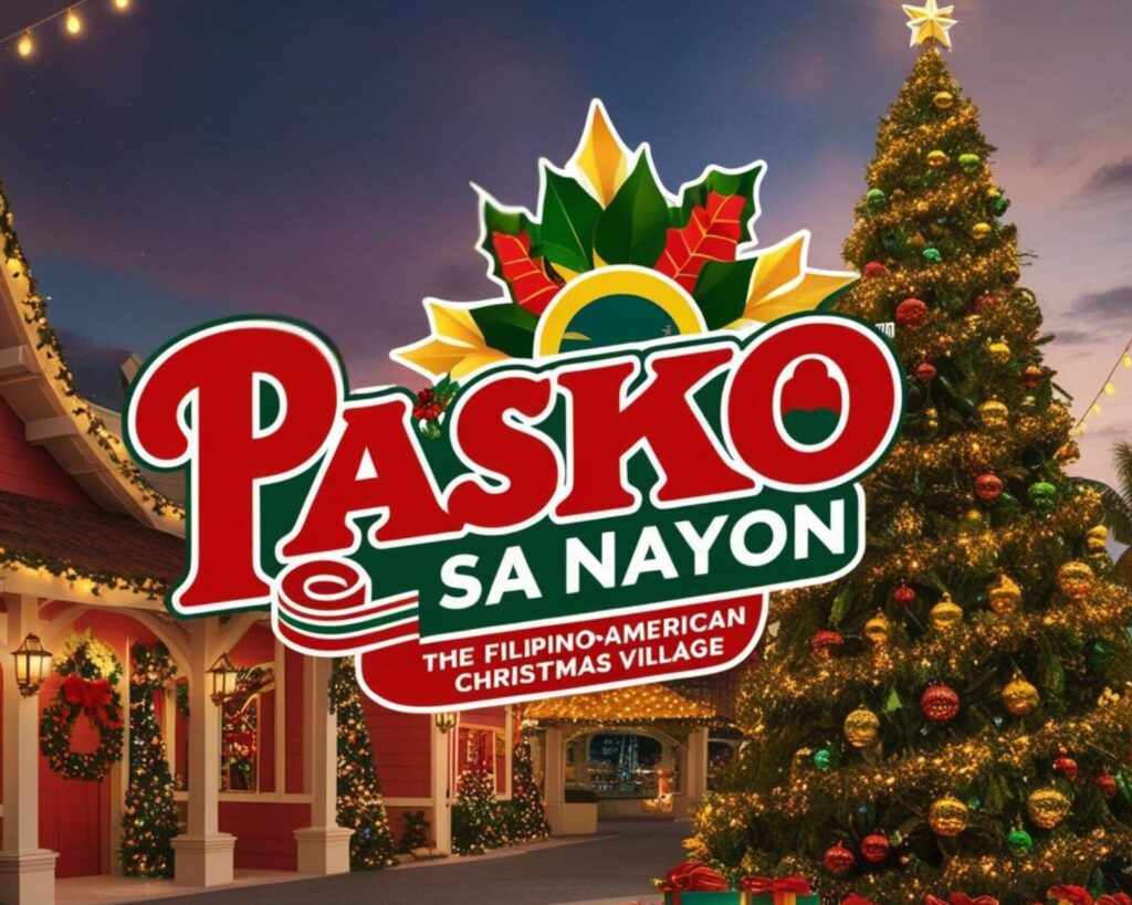 A festive Filipino-themed Christmas village at Pasko sa Nayon, featuring traditional parols, holiday performances, and a joyful crowd celebrating Filipino Christmas traditions.